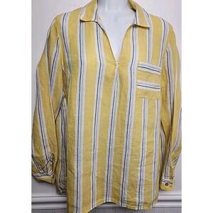 J Jill Love Linen Top Womens S-M Oversized Yellow Blue Stripe Roll Tab Popover